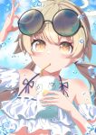 1girl absurdres adjusting_eyewear arm_garter bangs bare_shoulders bikini blue_archive blush brown_hair cloud cup day disposable_cup drinking drinking_straw eyewear_on_head frilled_hairband frills hairband halterneck hand_up haru_haruru515 hifumi_(blue_archive) hifumi_(swimsuit)_(blue_archive) highres holding holding_cup long_hair looking_at_viewer low_twintails outdoors peroro_(blue_archive) reflection ribbon-trimmed_bikini round_eyewear solo sunglasses swimsuit twintails upper_body water_drop white_bikini yellow_eyes 