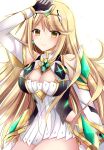  1girl arm_up bangs bare_shoulders black_gloves blonde_hair breasts cleavage cleavage_cutout closed_mouth clothing_cutout detached_sleeves dress gloves hair_between_eyes highres kirishima_riona large_breasts long_hair long_sleeves mythra_(xenoblade) pleated_dress smile solo very_long_hair white_background white_dress white_sleeves xenoblade_chronicles_(series) xenoblade_chronicles_2 yellow_eyes 