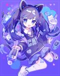  &gt;_&lt; 1girl :3 :d artist_name backpack badge bag bandaid bandaid_on_leg bangs blue_eyes cat cat_ear_headphones cellphone charm_(object) clothes_writing collared_shirt commentary full_body hair_ornament hairclip handheld_game_console headphones heart highres holding holding_handheld_game_console lightning_bolt_symbol long_hair long_sleeves looking_at_viewer milkshake open_mouth original pencil_case phone plaid plaid_skirt power_symbol purple_background purple_skirt purple_sweater purple_theme saijo1201 shirt shoes sitting skirt smile sneakers socks solo sweater tail twintails wariza watermark white_footwear white_shirt white_socks wire 