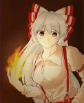  1girl absurdres bangs blush bow breasts brown_background brown_shirt buttons closed_mouth collarbone collared_shirt commentary_request fire fujiwara_no_mokou grey_bow grey_hair hair_between_eyes hair_bow hand_in_pocket hand_up highres juliet_sleeves light long_hair long_sleeves looking_away medium_breasts multicolored_bow pants puffy_long_sleeves puffy_sleeves red_bow red_eyes red_pants retora_26 shirt simple_background solo suspenders touhou 