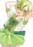  1boy brown_eyes child crossdressing flower green_hair hair_flower hair_ornament highres hiiragi_hizasi looking_at_viewer magical_boy male_child male_focus open_mouth original otoko_no_ko sailor_senshi_uniform short_hair smile solo white_background 