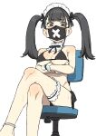  1girl alternate_hairstyle bikini black_bikini black_hair blue_archive breasts bridal_garter chain crossed_arms crossed_legs feet_out_of_frame highres large_breasts looking_at_viewer maid_headdress mask mouth_mask osame side-tie_bikini_bottom simple_background sitting solo sukeban_(smg)_(blue_archive) swimsuit twintails white_background wrist_cuffs 