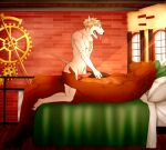  absurd_res anthro arrin_(bull_terrier) bed bull_terrier canid canine canis clockwork cowgirl_position domestic_dog duo from_front_position furniture hi_res hunting_dog light light_beam male male/male mammal nafeon on_bottom on_top red_brick riding ruhh-roh sex steampunk sunbeam sunlight terrier ursid 