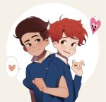  2boys blue_eyes brown_eyes brown_hair collared_shirt e7_(runaway162) fingernails freckles heart in_a_heartbeat jonathan_(in_a_heartbeat) long_sleeves looking_at_another male_child multiple_boys open_mouth red_hair school_uniform sherwin_(in_a_heartbeat) shirt short_sleeves smile yaoi 
