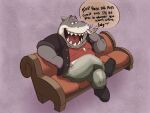  anthro bottomwear clothed clothing debudraws dialogue dreamworks fish flirting food furniture jacket male marine mr._shark_(the_bad_guys) overweight pants shark shirt sitting smile sofa solo the_bad_guys topwear 
