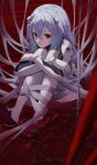  1girl absurdres ayanami_rei bdsm blue_hair bodysuit bondage bound closed_mouth hair_ornament highres long_hair looking_at_viewer neon_genesis_evangelion on_floor pension_z pilot_suit plugsuit rebuild_of_evangelion red_background red_eyes sitting solo 