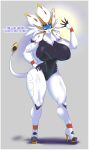  absurd_res anthro big_breasts breasts clothed clothing english_text female footwear generation_7_pokemon grey_background hi_res high_heels huge_breasts legendary_pokemon nintendo pokemon pokemon_(species) simple_background solgaleo solo text the_lost_artist video_games 