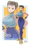  1girl bracelet breasts brown_eyes brown_hair character_name chun-li closed_mouth copyright_name dated double_bun hair_bun hair_ribbon jewelry looking_at_viewer osanpogakari ribbon shoes short_hair sneakers solo street_fighter street_fighter_zero_(series) unitard 