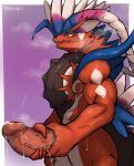  amber_eyes anthro big_penis blue_body blue_feathers bodily_fluids dragon draringoa erection feathers generation_9_pokemon genital_fluids genitals hand_on_penis hi_res huge_penis koraidon legendary_pokemon lizard male markings masturbation membrane_(anatomy) multicolored_body muscular muscular_anthro muscular_male nintendo nipples outside pecs penile penile_masturbation penis pokemon pokemon_(species) precum red_body reptile scalie simple_background solo thick_penis thick_thighs tire two_tone_body vein veiny_penis video_games white_body white_markings yellow_sclera 