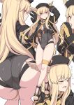  1girl ass bangs beret black_gloves black_headwear black_jacket black_one-piece_swimsuit blonde_hair breasts choker cleavage cleavage_cutout closed_eyes clothing_cutout eating fate/grand_order fate_(series) full_body gloves hat head_wings highleg highleg_swimsuit hood hooded_jacket jacket large_breasts long_hair long_sleeves looking_at_viewer multiple_views one-piece_swimsuit open_clothes open_jacket open_mouth red_eyes sandals shiseki_hirame sidelocks swimsuit thighs thrud_(fate) thrud_(swimsuit_assassin)_(fate) translation_request valkyrie_(fate) 