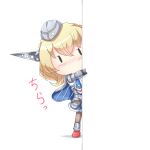  1girl blonde_hair blue_necktie blush capelet chibi colorado_(kancolle) dress garrison_cap hat headgear hiding highres kantai_collection looking_at_viewer necktie red_footwear riretsuto shirt short_hair skirt solo wall white_shirt 