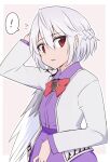  ! 1girl border braid dress feathered_wings grey_hair grey_jacket hair_between_eyes jacket kishin_sagume open_clothes open_jacket open_mouth purple_dress red_eyes shio_(futatsumami) short_hair single_wing solo spoken_exclamation_mark touhou upper_body white_border white_wings wings 