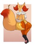  absurd_res anthro big_butt braixen breasts butt canid canine clothed clothing female fur generation_6_pokemon hi_res huge_butt inner_ear_fluff lavenderpandy mammal nintendo pokemon pokemon_(species) solo tuft video_games yellow_body yellow_fur 