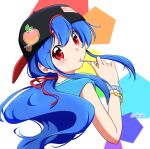  1girl backwards_hat blue_hair bracelet casual contemporary from_behind hat highres hinanawi_tenshi jewelry looking_back low_ponytail rakkidei red_eyes sidelocks solo touhou twitter_username upper_body wristband 