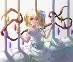  1girl alternate_costume blonde_hair breasts choker closed_mouth crystal flandre_scarlet frilled_choker frilled_skirt frills hair_between_eyes hat highres holding_bars ibispaint_(medium) kopi_(user_ajtn7422) looking_at_viewer medium_hair mob_cap multicolored_wings red_eyes shirt side_ponytail signature skirt small_breasts solo touhou unworn_hat unworn_headwear white_shirt white_skirt wings 