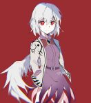  1girl braid cccc20050819 closed_mouth dress feathered_wings grey_hair grey_jacket hair_between_eyes hands_in_pockets highres jacket kishin_sagume long_sleeves open_clothes open_jacket purple_belt purple_dress red_background red_eyes short_hair signature simple_background single_wing solo touhou white_wrist_cuffs wings 