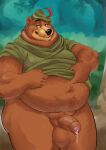  2022 anthro balls belly big_belly black_nose brown_body clovishusky disney genitals hi_res humanoid_genitalia humanoid_hands humanoid_penis little_john male mammal navel outside overweight overweight_male penis robin_hood_(disney) solo ursid 