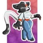  anne_(theenyface) anthro belt black_body black_fur black_hair clothed clothing colored_nails dipstick_tail domestic_cat felid feline felis female fur hair looking_at_viewer mammal markings nails red_eyelids red_nails short_hair solo tail_markings theenyface white_body white_fur 