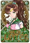  1girl bishoujo_senshi_sailor_moon bow brown_hair character_name choker earrings green_choker green_eyes green_sailor_collar hair_bobbles hair_ornament jewelry kino_makoto magical_girl mito_amatsu pink_bow ponytail sailor_collar sailor_jupiter sailor_senshi_uniform solo 