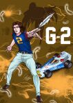  1970s_(style) 2boys absurdres alternate_costume brown_hair car dual_persona electricity feathers fighting_stance gatchaman ground_vehicle highres joe_the_condor long_hair looking_to_the_side motor_vehicle multiple_boys pup9262000 retro_artstyle science_fiction shadow shirt shoes t-shirt 