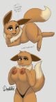  anthro anthrofied areola big_breasts black_nose breast_squish breasts clothed clothing dialogue digital_media_(artwork) dipstick_tail doggomeatball eevee english_text eyebrows female feral g-string generation_1_pokemon hi_res looking_at_viewer lying markings mostly_nude nintendo nipples on_side pokemon pokemon_(species) seductive simple_background skimpy solo squish tail_markings talking_to_viewer text underwear video_games 