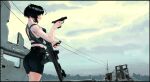  absurdres assault_rifle black_hair cloud gun handgun highres laroacha_nova looking_to_the_side original power_lines reloading rifle ruins short_hair shorts sky sportswear weapon 