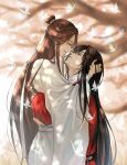  2boys absurdres artist_name bandaged_arm bandaged_neck bandages bangs bishounen black_hair blurry blurry_background brown_eyes brown_hair bug butterfly chinese_clothes closed_eyes commentary_request day eyelashes hair_between_eyes hair_bun hanfu highres hua_cheng hug kneeling long_hair long_sleeves looking_at_another makura_wet male_focus multiple_boys outdoors parted_bangs parted_lips profile puffy_long_sleeves puffy_sleeves robe sidelocks signature smile standing teeth tian_guan_ci_fu tree very_long_hair wide_sleeves xie_lian yaoi 