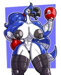  abs anthro areola avian bandaged_arm beak bedroom_eyes biceps big_breasts bird black_areola black_nipples blue_eyes blue_hair boxing_gloves breasts clothing female genitals hair handwear hi_res huge_breasts multicolored_body muscular muscular_anthro muscular_female narrowed_eyes nipples non-mammal_breasts ponytail pussy reina_(sachasketchy) sachasketchy seductive smile solo thick_thighs toucan two_tone_body 