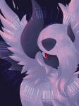  :&lt; absol animal_focus artist_name asymmetrical_hair blue_background bright_pupils closed_mouth commentary_request fang fang_out feathered_wings hair_over_one_eye highres lemonade_kokoi long_hair mega_absol mega_pokemon no_humans one_eye_covered partial_commentary pokemon pokemon_(creature) red_eyes signature simple_background solo twitter_username white_hair white_pupils white_wings wings 