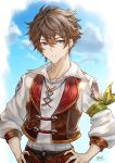  1boy arm_ribbon arm_scarf artist_name bangs blue_eyes blue_sky brown_hair brown_vest cloud collarbone collared_shirt commentary_request cross-laced_clothes cross-laced_shirt dangle_earrings day earrings gold_trim gran_(granblue_fantasy) granblue_fantasy green_ribbon hair_between_eyes hands_on_hips hands_up jewelry lapels long_sleeves looking_at_viewer makura_wet male_focus necklace parted_lips puffy_long_sleeves puffy_sleeves ribbon shirt short_hair signature sky solo standing vest white_shirt 