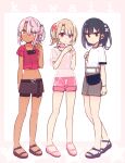  3girls :o bag black_hair blush bracelet brown_eyes chloe_von_einzbern choker commentary_request crop_top dark-skinned_female dark_skin dot_mouth fate/kaleid_liner_prisma_illya fate_(series) flower full_body hair_flower hair_ornament hairclip highres illyasviel_von_einzbern jewelry light_brown_hair looking_at_viewer medium_hair miyu_edelfelt multiple_girls navel orange_eyes own_hands_together pink_eyes pink_hair ponytail sandals see-through see-through_shirt shirt short_shorts shorts shoulder_bag sketch smile t-shirt yoru_nai 