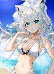  1girl :p ahoge animal_ear_fluff animal_ears ball bangs beach beachball bikini blue_eyes blue_ribbon blue_sky blush braid breasts cloud day floating_hair fox_ears fox_girl gotou_(nekocat) hair_between_eyes hair_ribbon halterneck highres holding holding_ball holding_beachball hololive long_hair medium_breasts navel outdoors ribbon shirakami_fubuki sky solo stomach swimsuit tongue tongue_out upper_body virtual_youtuber white_bikini white_hair 