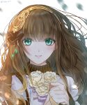  1girl ascot bangs blunt_bangs brown_hair cardia_beckford code:realize gear_hair_ornament gears green_eyes hair_ornament hair_ribbon highres ichige_yoru long_hair looking_at_viewer open_mouth own_hands_together ribbon simple_background smile solo very_long_hair white_ascot white_background 