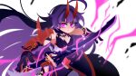  1girl armor bangs breasts cleavage closed_mouth electricity gauntlets highres honkai_(series) honkai_impact_3rd japanese_armor katana long_hair looking_at_viewer projecttiger purple_eyes purple_hair raiden_mei raiden_mei_(herrscher_of_thunder) simple_background sword weapon white_background 