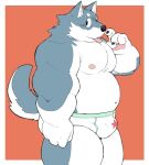  2022 anthro blue_body bulge canid canine clothing humanoid_hands kemono male mammal meg_hoi musclegut overweight overweight_male simple_background solo tongue tongue_out underwear white_body 