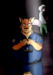  2022 anthro berryrpgmakerb bottomwear brok_the_investigator canid canine clothing dee_(brok_the_investigator) duo hoodie humanoid_hands kangaroo macropod male mammal marsupial overweight overweight_male pants police police_hat police_officer police_uniform sad shirt sin_(brok_the_investigator) topwear uniform video_games 