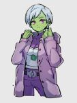  1girl belt breasts cheelai closed_mouth colored_skin dragon_ball dragon_ball_super green_skin jacket kemachiku long_sleeves looking_at_viewer pink_eyes short_hair smile solo white_hair 