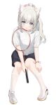  1girl absurdres akebi-chan_no_serafuku animal_ear_fluff animal_ears bangs black_shorts blue_eyes blush bow cat_ears commentary_request full_body grey_hair hair_between_eyes hair_bow highres hiraiwa_hotaru kemonomimi_mode knees_up long_hair looking_at_viewer parted_lips pink_bow ponytail racket shoes shorts simple_background single_shoe sitting socks tennis_racket white_background white_footwear white_socks zayur 