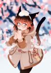  1girl animal_ears black_hair black_nails blush brown_coat brown_hair cat_ears cat_girl cat_tail character_request cherry_blossoms coat copyright_request gift_art glasses gradient_hair grin highres jewelry long_sleeves looking_at_viewer medium_hair multicolored_hair own_hands_together parted_lips projecttiger ring round_eyewear short_hair smile solo tail teeth 