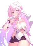  1girl bangs bare_shoulders black_shorts blush breasts cleavage dress elysia_(honkai_impact) gloves gradient_hair grin hair_ornament hair_ribbon highres honkai_(series) honkai_impact_3rd large_breasts light_purple_hair long_hair looking_at_viewer multicolored_hair open_mouth pink_hair purple_eyes ribbon shorts simple_background smile solo sparkle standing thighs white_background white_dress white_gloves yuruto 
