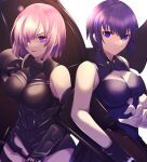  2girls absurdres armor armored_dress bare_shoulders black_dress blue_eyes breasts ciel_(tsukihime) cleavage cleavage_cutout clothing_cutout commentary_request dress fate/grand_order fate_(series) gaien_(jin_morisono) gun hair_over_one_eye highres holding holding_gun holding_shield holding_weapon light_purple_hair looking_at_viewer mash_kyrielight melty_blood multiple_girls purple_dress purple_eyes purple_hair shield short_hair sleeveless sleeveless_dress tsukihime weapon 