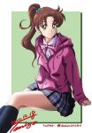  1girl bishoujo_senshi_sailor_moon bow brown_hair dated green_eyes highres kino_makoto kneehighs long_hair pink_sweater plaid plaid_skirt ponytail shirt skirt sleeves_past_wrists smile socks solo sweater tomizofu twitter_username white_shirt 