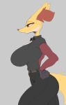  anthro big_breasts breasts clothed clothing cooliehigh delphox female fur generation_6_pokemon hi_res huge_breasts inner_ear_fluff nintendo pokemon pokemon_(species) red_body red_eyes red_fur red_inner_ear_fluff red_nose simple_background solo thick_thighs tuft video_games yellow_body yellow_fur 