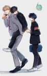  3boys black_eyes black_hair black_pants blonde_hair bowl_cut brothers carrying commentary_request ekubo_(mob_psycho_100) formal from_side full_body gakuran highres holding_hands kageyama_ritsu kageyama_shigeo long_sleeves looking_at_another male_focus mob_psycho_100 multiple_boys necktie okusawa_ritsu pants piggyback reigen_arataka school_uniform shoes short_hair siblings sleeping sneakers suit sweatdrop white_background 