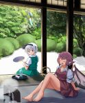  2girls animal_ears barefoot bird_ears bird_wings black_hairband black_ribbon blue_eyes blush brown_dress closed_eyes dress green_skirt green_vest hair_ribbon hairband hand_fan holding holding_fan konpaku_youmu multiple_girls mystia_lorelei no_headwear open_mouth paper_fan pink_hair pleated_skirt ribbon shirt short_hair short_sleeves sitting skirt sleeves_rolled_up smile tbonjobi_(sukemasa) touhou uchiwa vest white_hair white_shirt white_wings wind_chime wings 