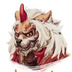  abyssman anthro arknights asian_mythology canid canine canis domestic_dog east_asian_mythology eyebrows fangs foo_dog fur hair headshot_portrait horn hung_(arknights) hypergryph inner_ear_fluff japanese_mythology komainu male mammal mythology portrait red_body red_fur simple_background solo studio_montagne tuft video_games white_hair yellow_body yellow_fur yokai 