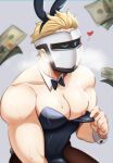  1boy absurdres bara black_leotard blonde_hair blush detached_collar dollar_bill heart helmet highres jenericku large_pectorals leotard male_focus male_playboy_bunny money money_rain muscular muscular_male nipples original pectorals playboy_bunny short_hair solo strapless strapless_leotard sweat wrist_cuffs 