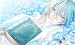  1boy absurdres blue_eyes blue_flower blue_hair book flower highres looking_at_viewer lying male_focus nail_polish nemophila_(flower) on_back open_book original parted_lips short_hair smile solo teeth wu_(user_sevs2252) 