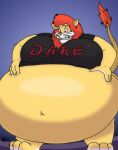  3_toes 4_fingers anthro belly big_belly big_moobs black_clothing black_shirt black_t-shirt black_topwear blue_background cleverfoxman clothing d.a.r.e. daren exposed_belly feet felid fingers fur hair hands_on_belly hi_res hyper hyper_belly inflation lion looking_down_at_self male mammal mane moobs navel orange_hair orange_mane pantherine pink_nose shirt simple_background solo standing t-shirt teeth text text_on_clothing text_on_shirt text_on_topwear toes topwear whiskers yellow_belly yellow_body yellow_fur 