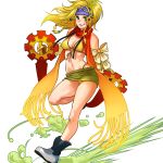  1girl bare_shoulders beads bikini blonde_hair blue_headband boots braid breasts cleavage detached_sleeves dual_wielding final_fantasy final_fantasy_x final_fantasy_x-2 full_body gradient_scarf green_eyes hair_beads hair_ornament headband holding holding_weapon long_hair looking_at_viewer medium_breasts microskirt midriff multiple_braids navel nexeee rikku skirt smile solo swimsuit teeth transparent_background weapon yellow_bikini 